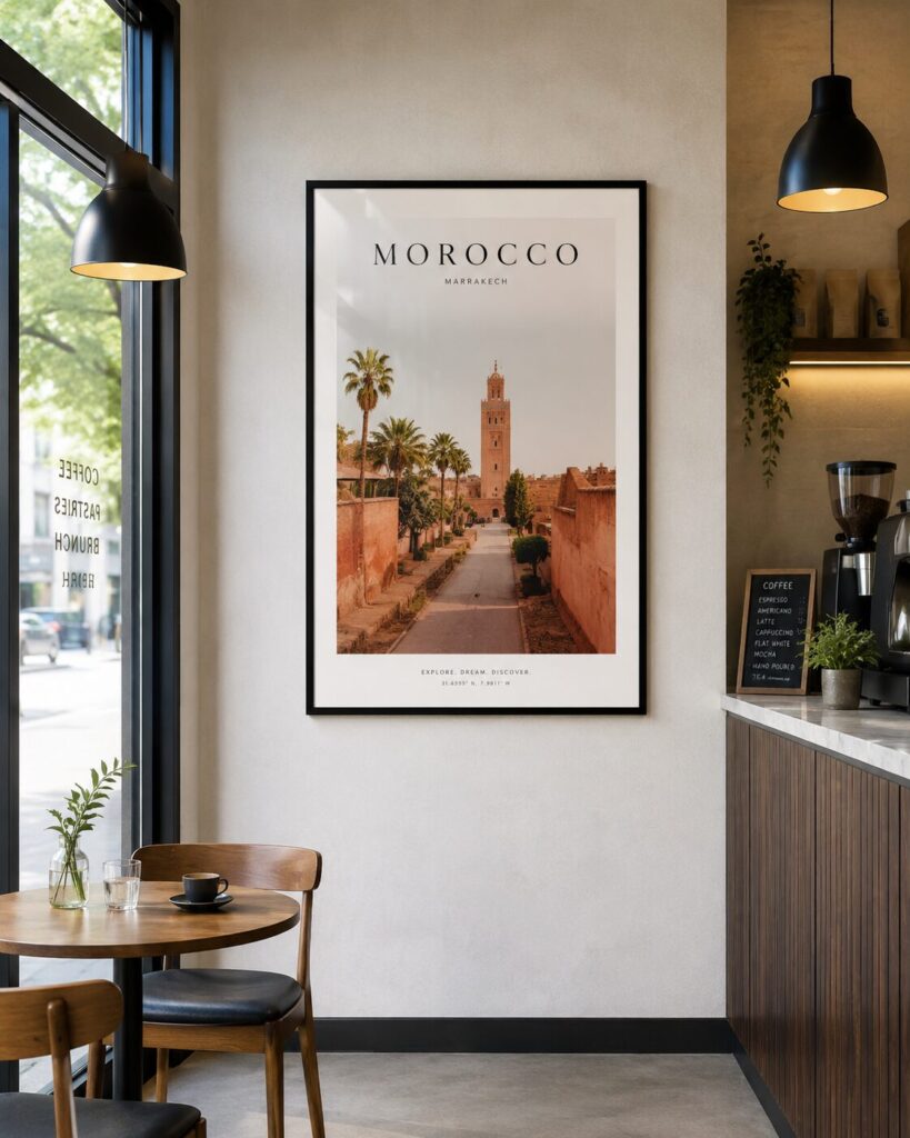 Large black A0 poster frame displayed in a contemporary café interior