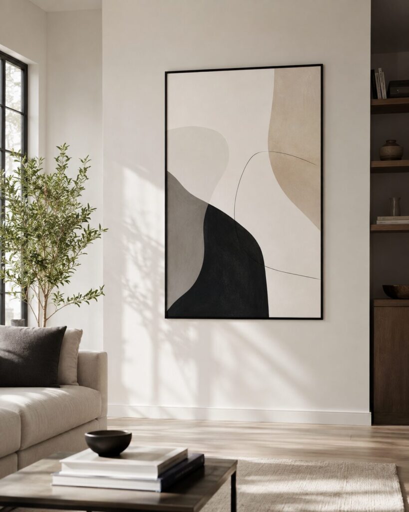Large black A0 frame displaying abstract artwork in a warm modern living room