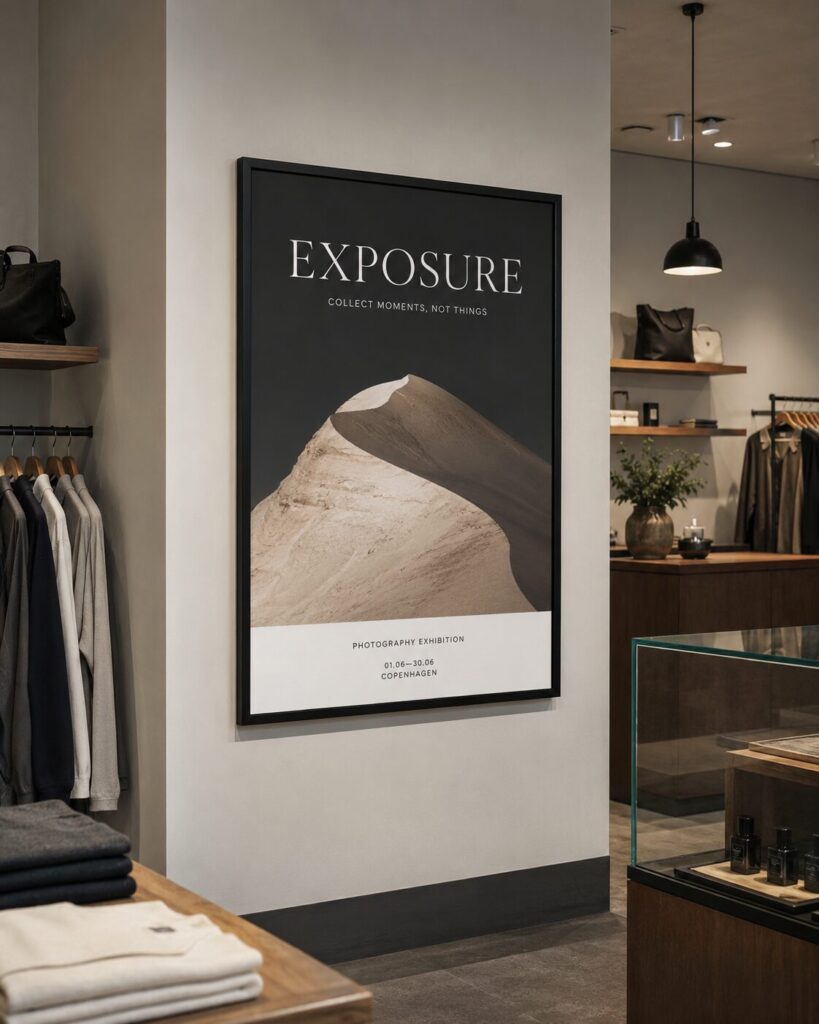 Large black A0 frame used as a statement display in a retail interior