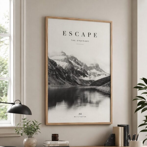 Full natural wood A0 poster frame displayed in a bright home office