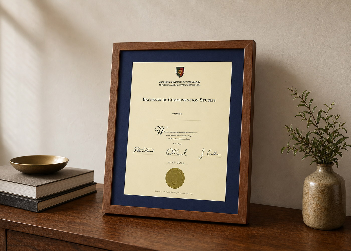 Walnut certificate frame with a navy mat
