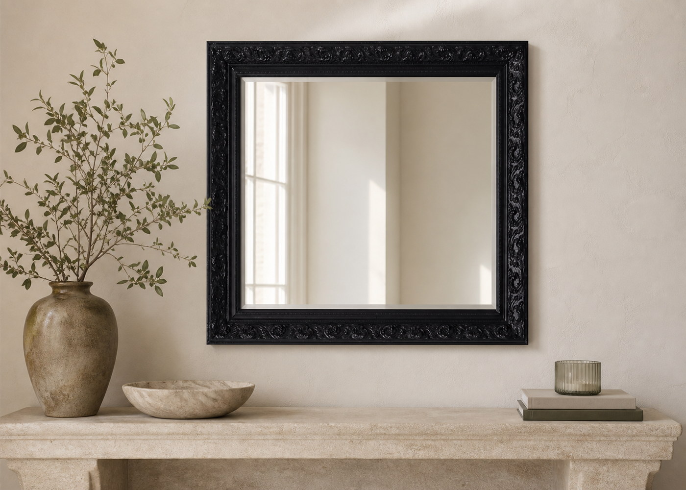 Ornate black framed mirror
