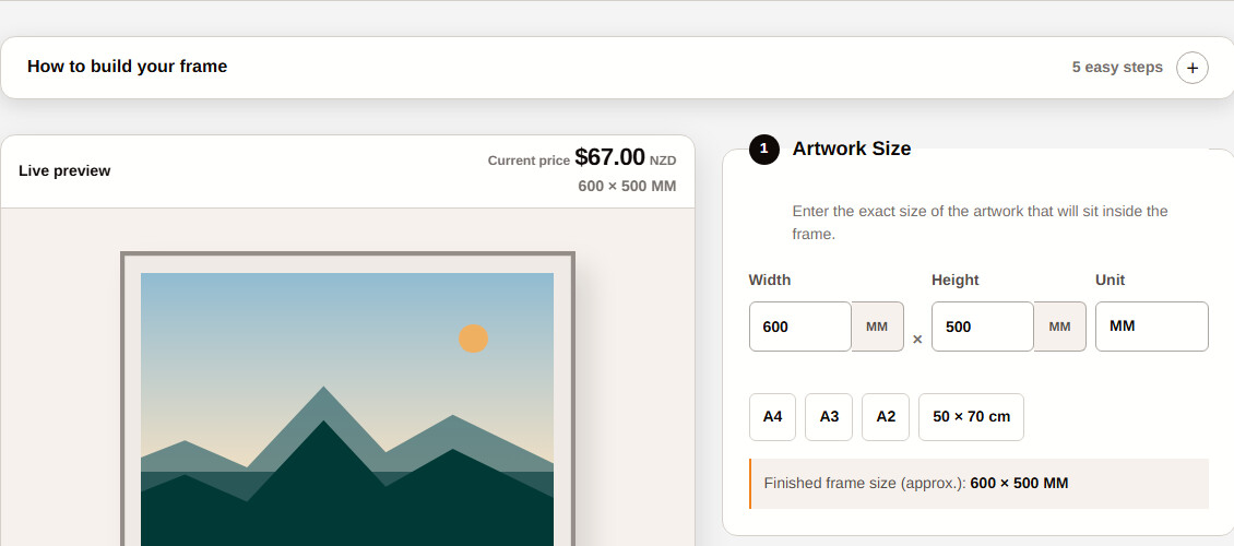 Designer Frames custom framing builder showing a live preview, artwork dimensions and current price